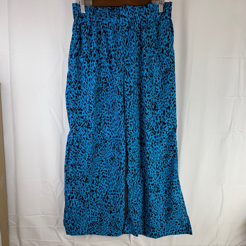 Thalia Sodi Wide Leg Pants Womens Medium Blue Leopard Print Elastic Waist Pocket